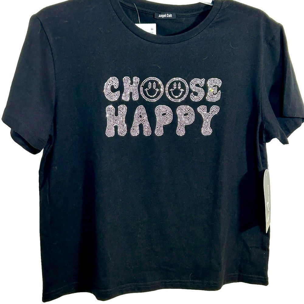 Stud decorated black t-shirt. Choose Happy. Size is Medium.
